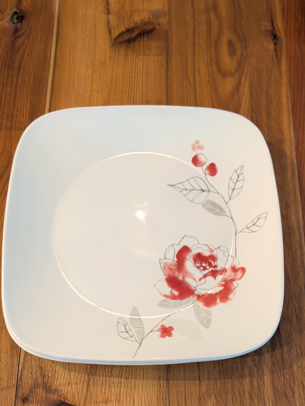 Corelle Set Of Four White Square Plate with Red And Gray Rose Floral Motif